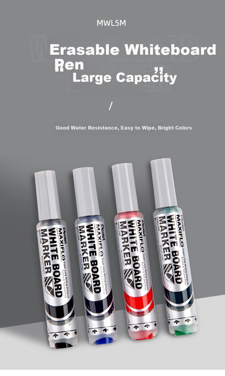 Pentel Whiteboard Marker, 2mm Direct Liquid Thick Round Tip, Erasable Marker, Imported, MWL5M, Black (Pack of 5) 1