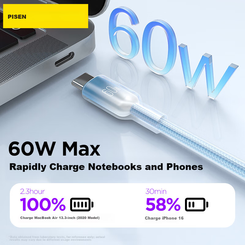 Кабель PISEN Dual Type-C, зарядка PD60W, 1.2м, синий градиент