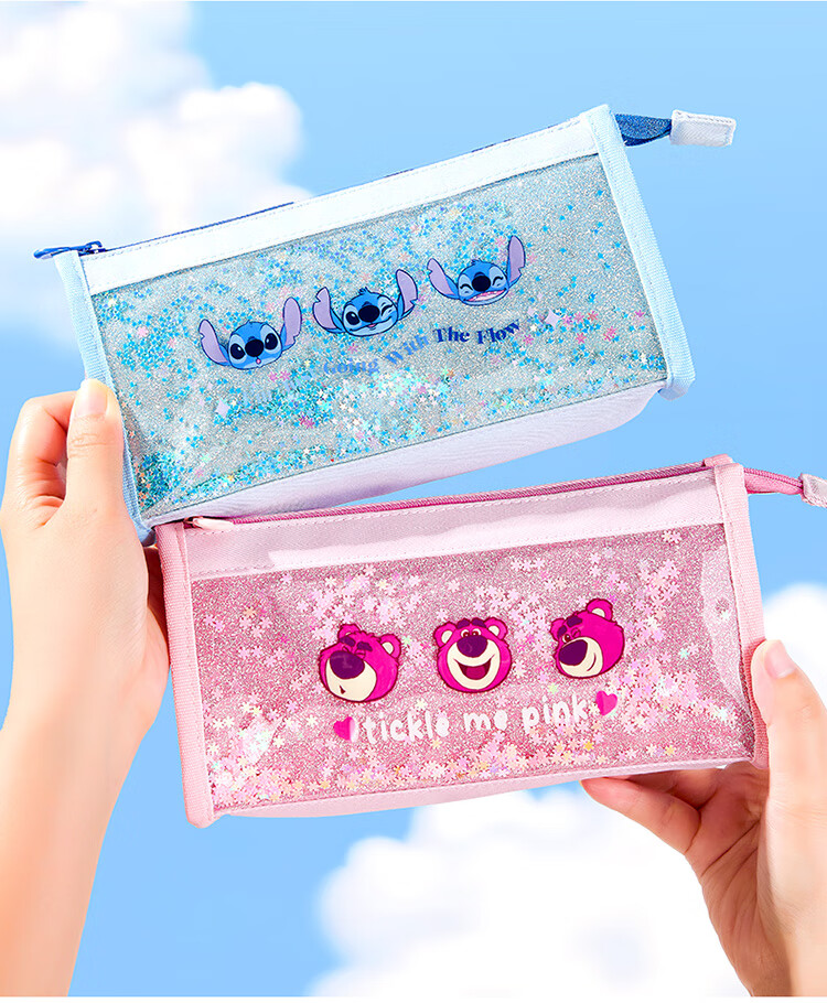 Disney Elementary School Pencil Case Large Capacity Handheld Stationery Bag High-Value Pencil Pouch Sand Flow Stationery Box Middle School Girls Study Supplies Storage Bag Graduation Gift 12