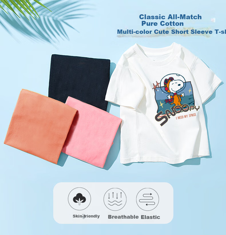 SNOOPY Girls' Short-Sleeve Set, Children's Short-Sleeve T-Shirt And Jeans 2-Piece Set, White Belle + Dark Blue Bell, Size 110 1