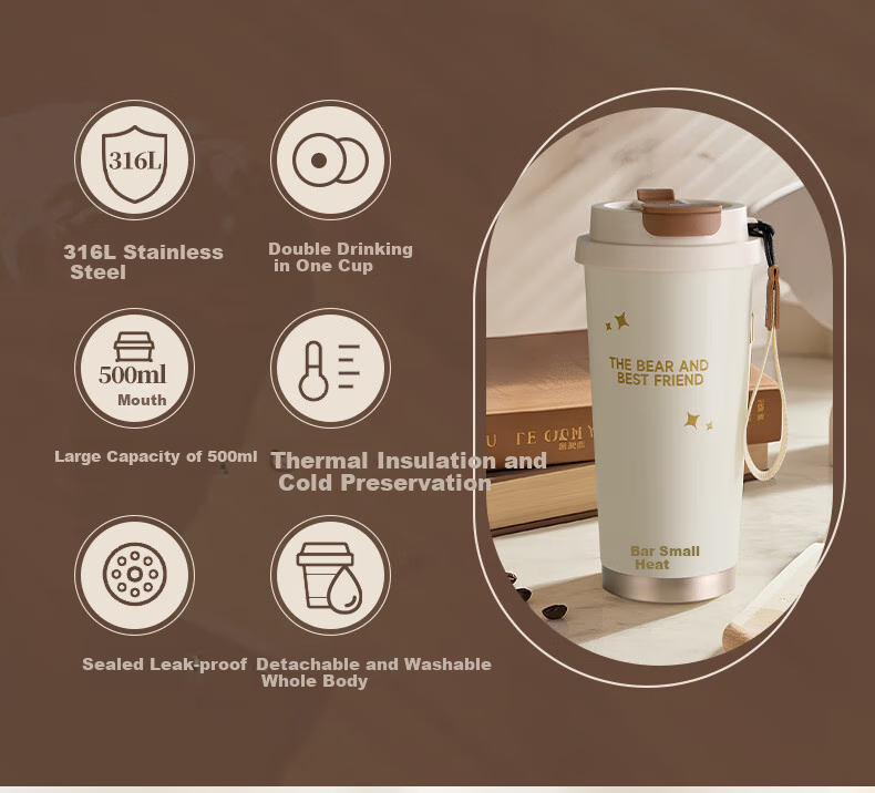 Bear Insulated Mug Coffee Cup 316L Stainless Steel Dual-Use High-End Water Bottle for Men And Women Silver 350ml Gift 2