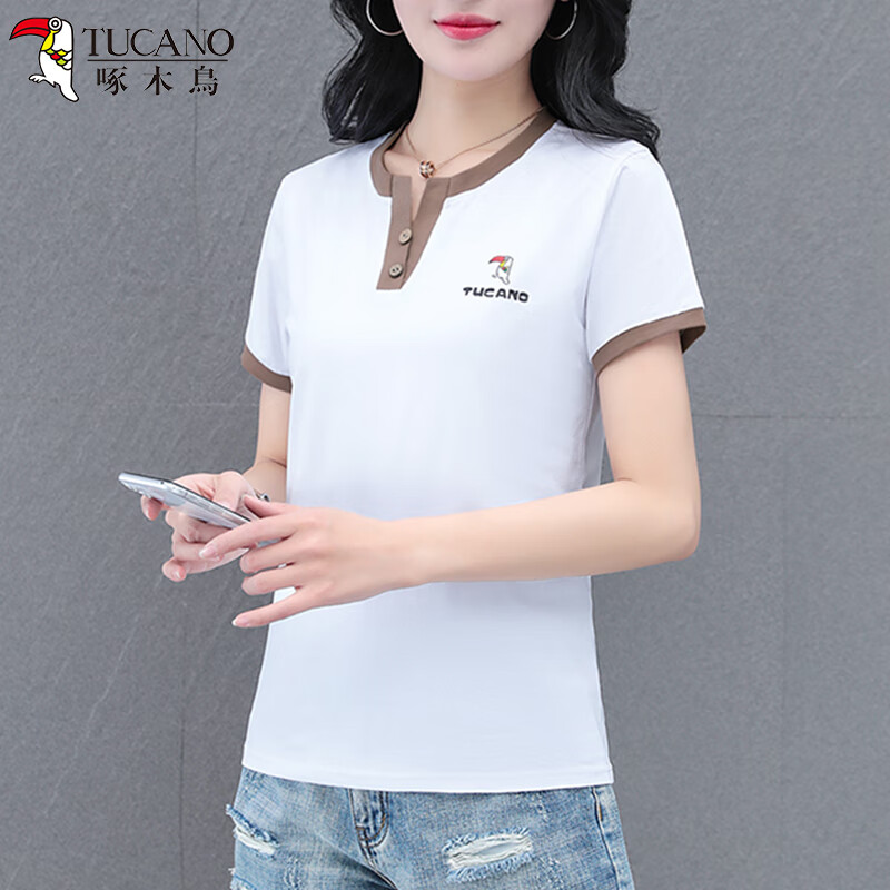 Woodpecker Pure Cotton Crew Neck Shoulder-Fit Short Sleeve T-Shirt for Women Summer New Slim Fit Black M