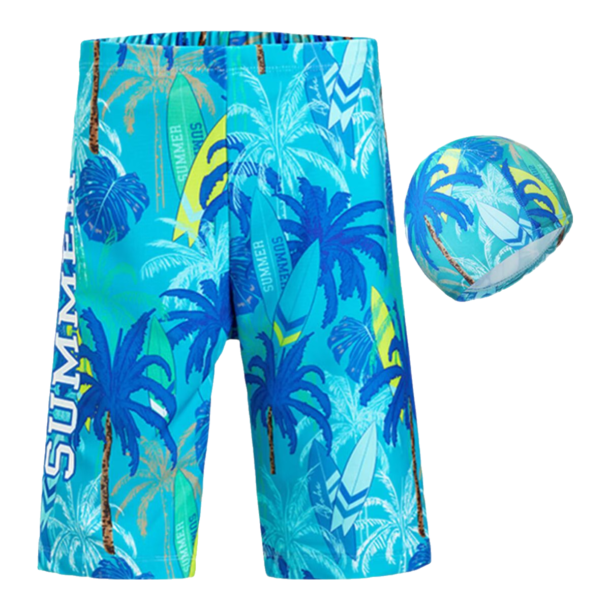 Aimer Kids Boys' One-Piece Swimsuit Dress with Chlorine Resistance Class A for Beach Vacation Hot Springs, Sea Breeze Style - Swim Trunks + Swim Cap, Size 140
