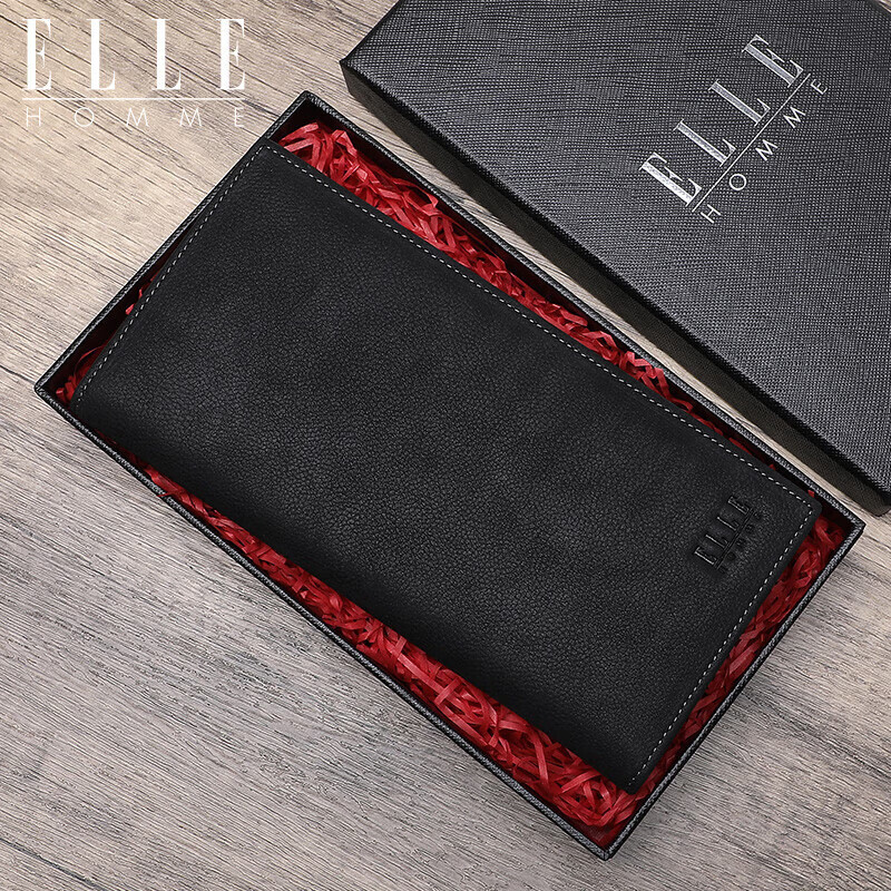 ELLE HOMME Men's Long Wallet, Top-Grain Leather Multifunctional Billfold, Fashionable Horizontal Two-Fold Wallet 01512 Black