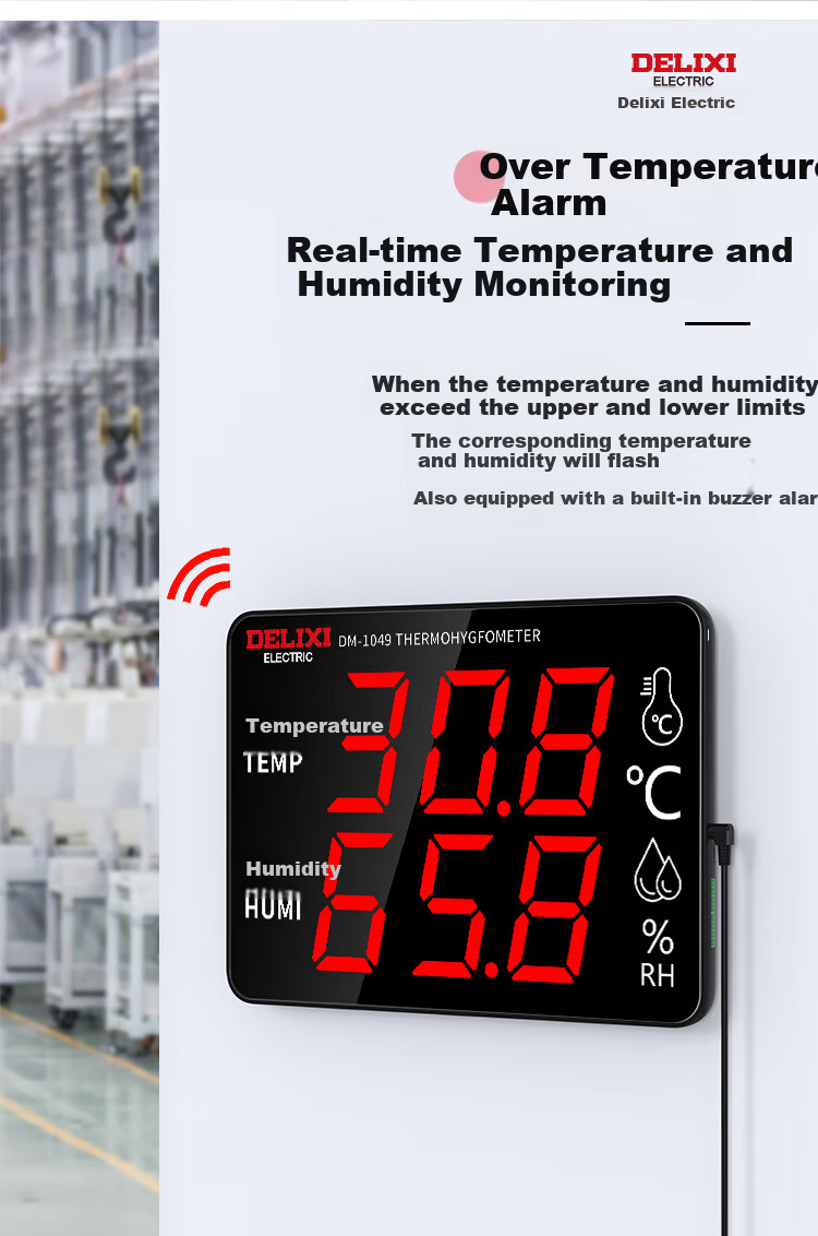 DELIXI ELECTRIC Industrial-Grade Indoor Temperature And Humidity Meter, Large Screen Electronic High-Precision Wall-Mounted Temperature And Humidity Display, Ultra-Temperature Alarm 4