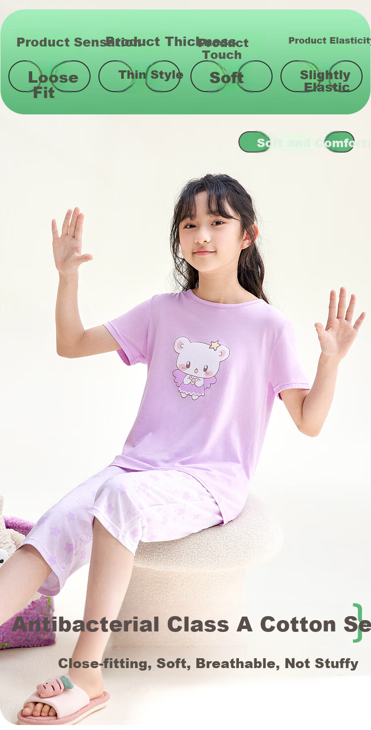 Hodohome Children's Pajamas, Girls' Pure Cotton 7A Antibacterial Short-Sleeve Capri Pants, Home Wear, Cartoon Air Conditioning Suit for Girls, 306, Size 120 2