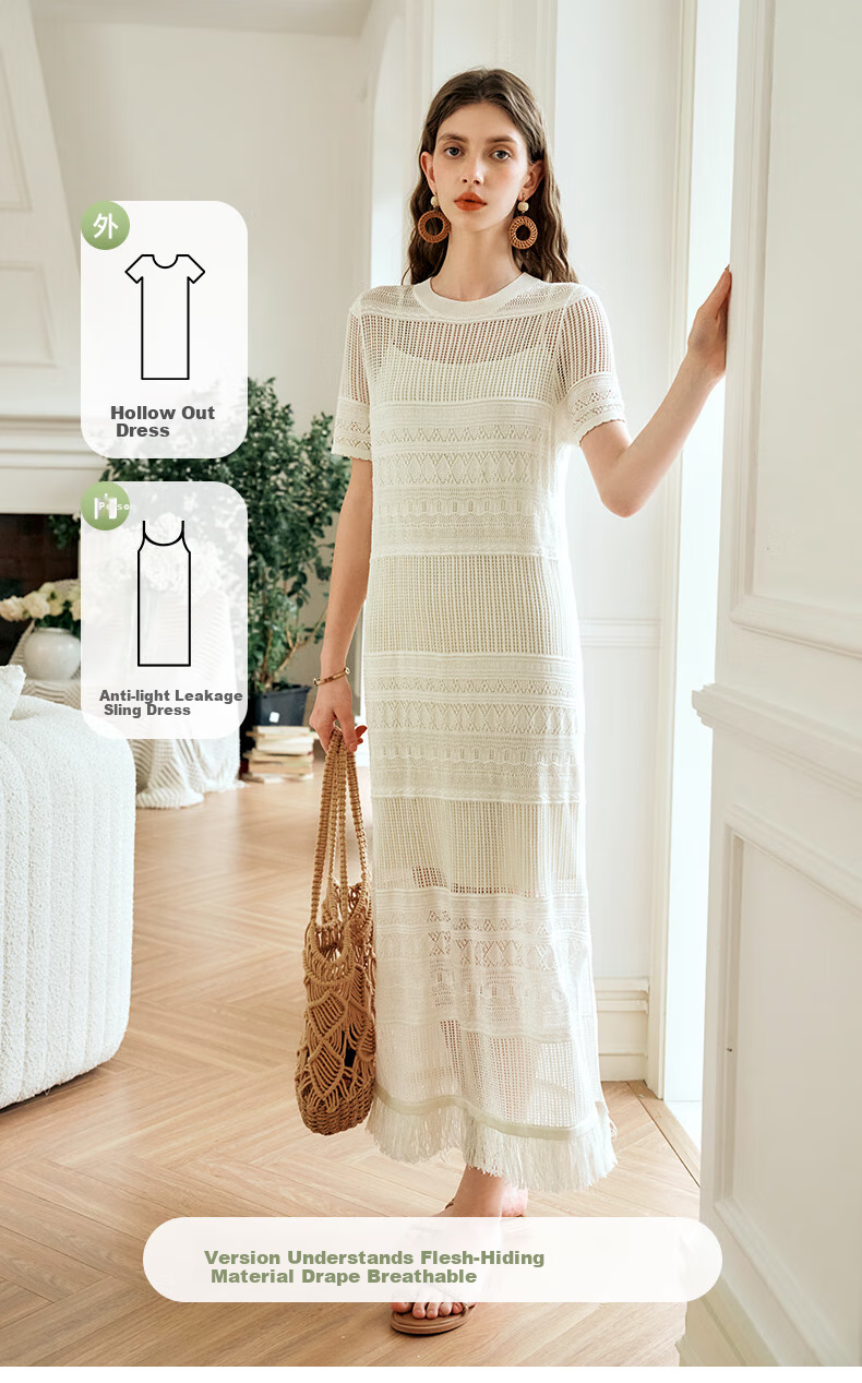 Olrain Hollow Out Dress Women Summer Vacation Style Spaghetti Strap Two-Piece Knitted Long Dress Coconut Milk White S 6