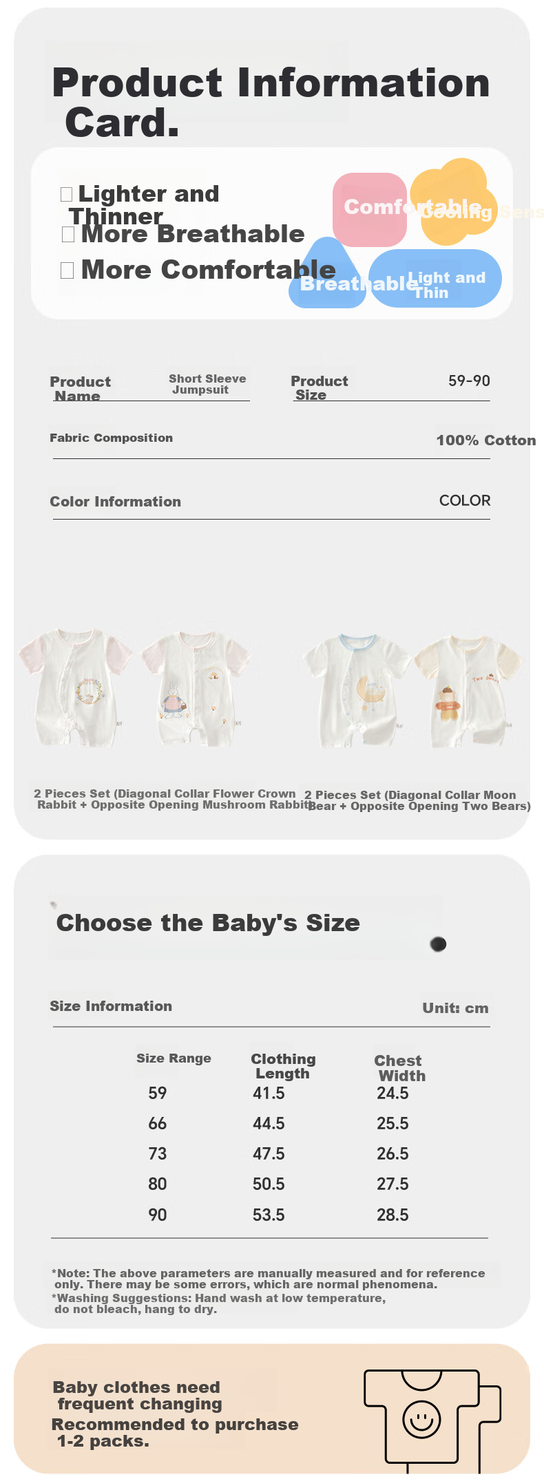 Babyprints Baby Romper 2-Pack, Infant Pure Cotton Short-Sleeve Summer Clothes, Thin Underwear, Soft Onesie, Pink, Size 90 3