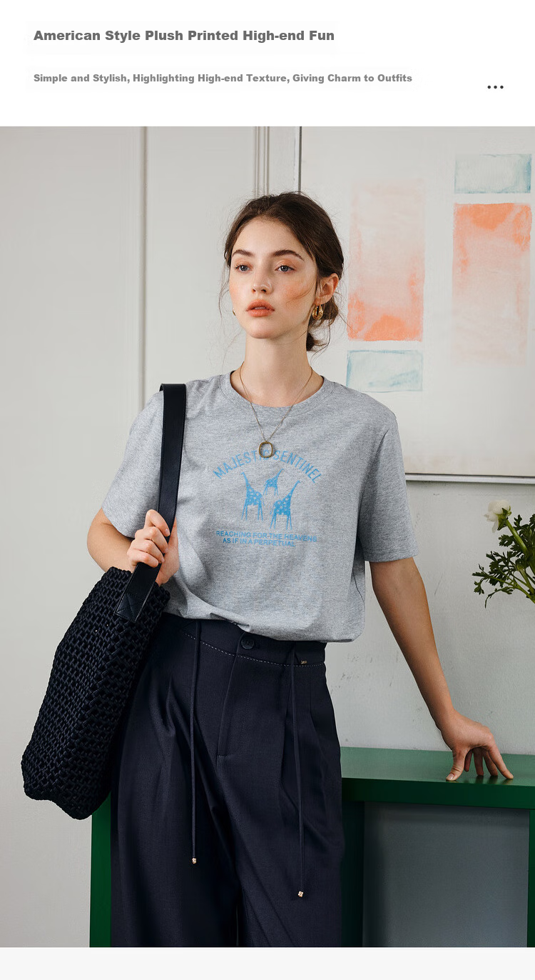 Oulain Summer Flocked Fun Printed Gray Round Neck Loose Casual Short-Sleeve T-Shirt Women's Top, Floral Gray, M 5