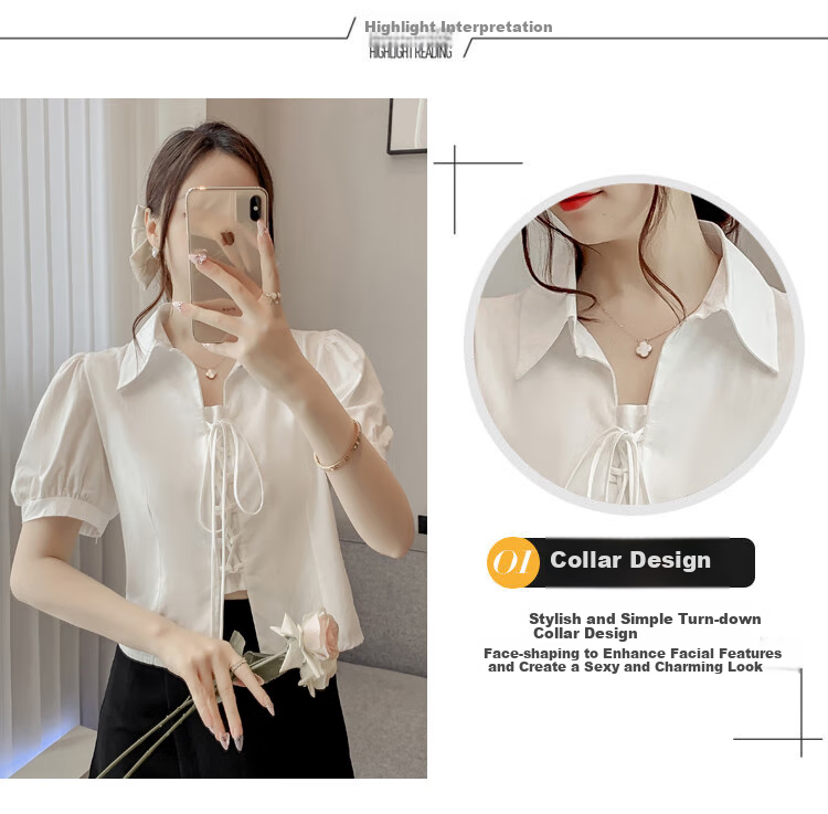 JEANSWEST Women's Summer 2025 Loose Puff Sleeve Short Sleeve Crop Shirt White L 4
