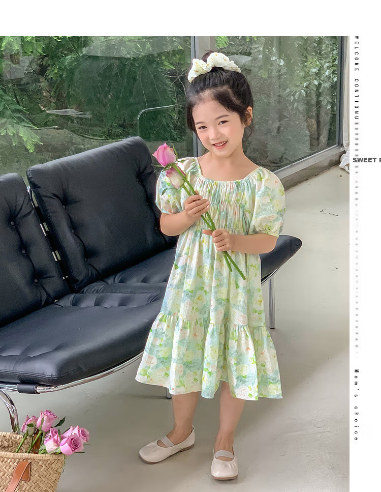 Tutuxiaoxiang Girls' Dress, 100% Cotton, Children's Puff Sleeve Floral Princess Dress, Green, Size 110, Height Approximately 110cm 12