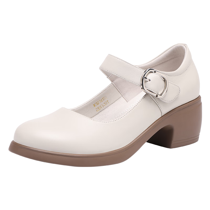 Red Dragonfly Women's Breathable Leather Mary Jane Shoes with Velcro, Chunky Heel, Low-Cut Flats WTB234172 Off-White Size 36