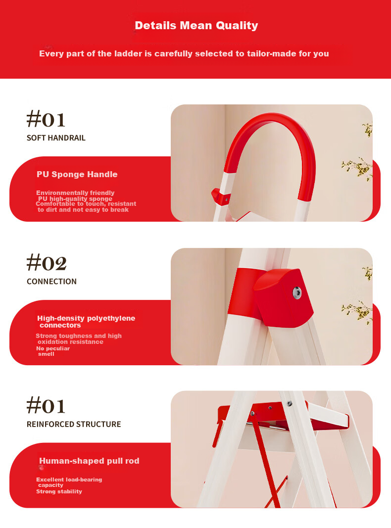 DU PONT Folding Aluminum Alloy Ladder for Home Use, Thickened A-Frame Ladder, Climbing Ladder, Safety Ladder, Step Ladder, Red And White, 5 Steps 10