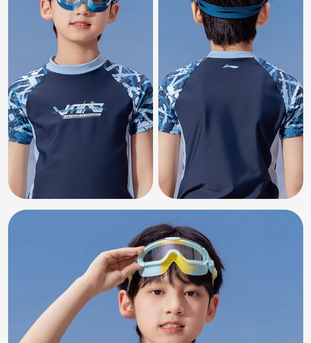 LI-NING Kids Waterproof Anti-Fog HD Large Frame Swimming Goggles and Swim Cap Set for Boys Ages 6-12 15