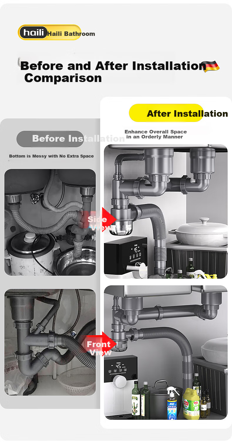 Haili Kitchen Sink Drain Pipe Complete Set, Double Sink 110mm Drainage System, Dishwashing Basin Drainage Pipe Kit Accessories S18 11