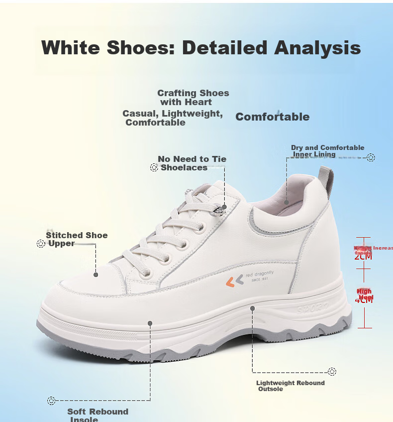 RED DRAGONFLY Women's White Sneakers, Thick-Soled Height-Increasing Mesh Breathable Casual Shoes, Platform Wedge Board Shoes for Women C0TTN05121-1 4