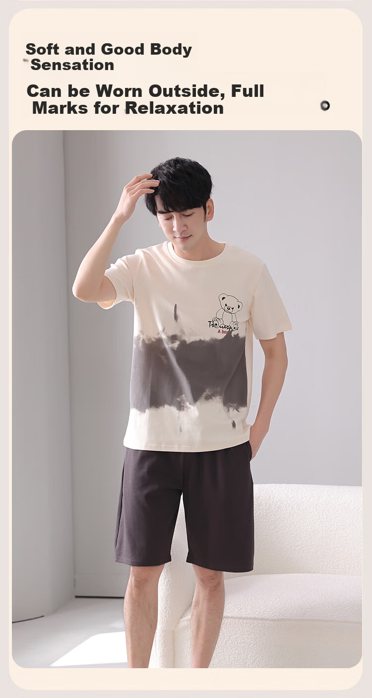 Zaishuo Men's Pajamas, Spring And Summer Cotton Short-Sleeve Shorts Two-Piece Set, Soft Comfortable Breathable Casual Home Wear Suit for Me 4