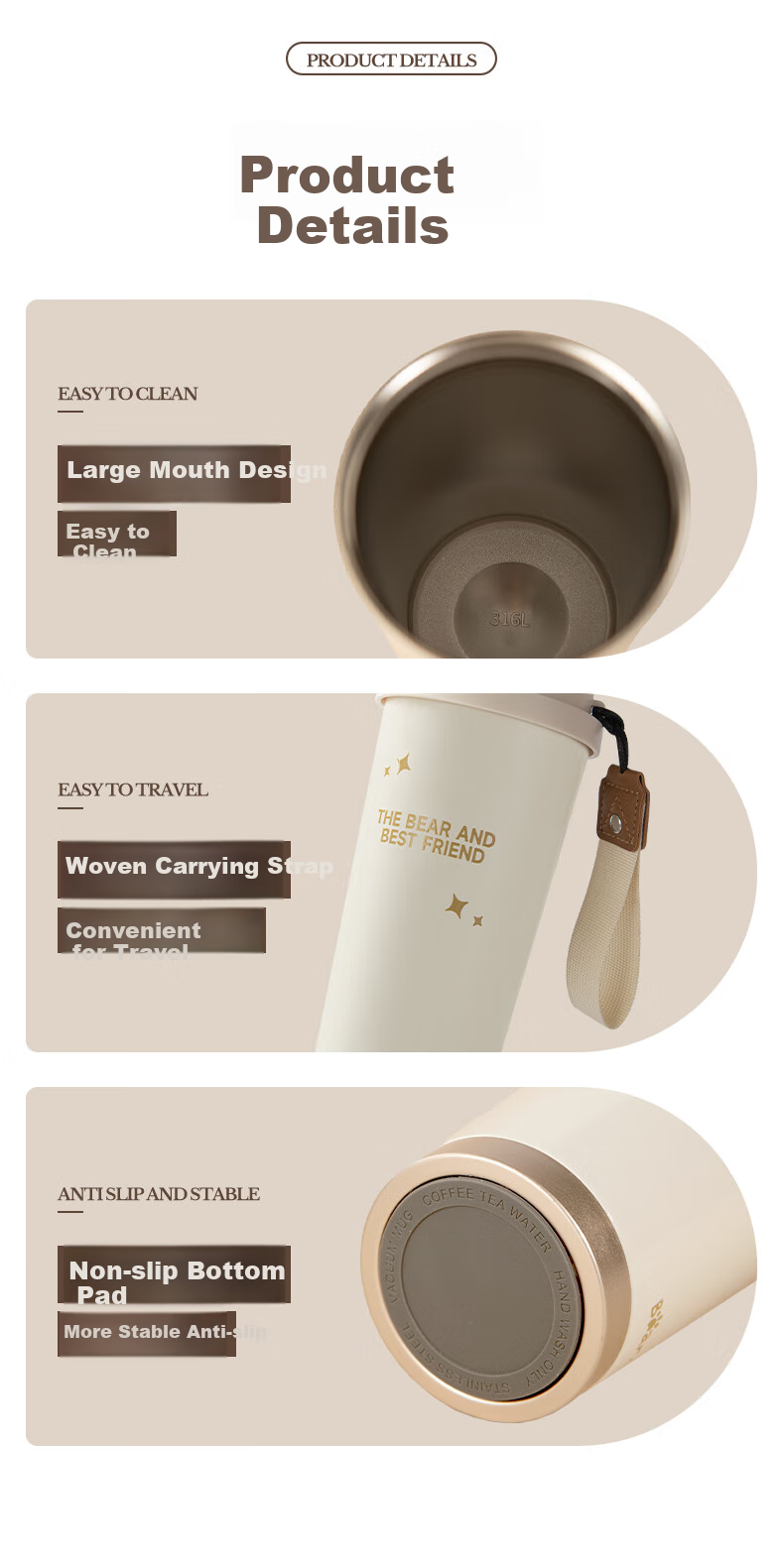 Bear Insulated Mug Coffee Cup 316L Stainless Steel Dual-Use High-End Water Bottle for Men And Women Silver 350ml Gift 13