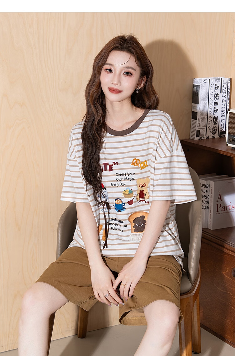 TonLion 2025 Summer Women's Striped 3D Bow Lace Trim Printed Short-Sleeve T-Shirt 4