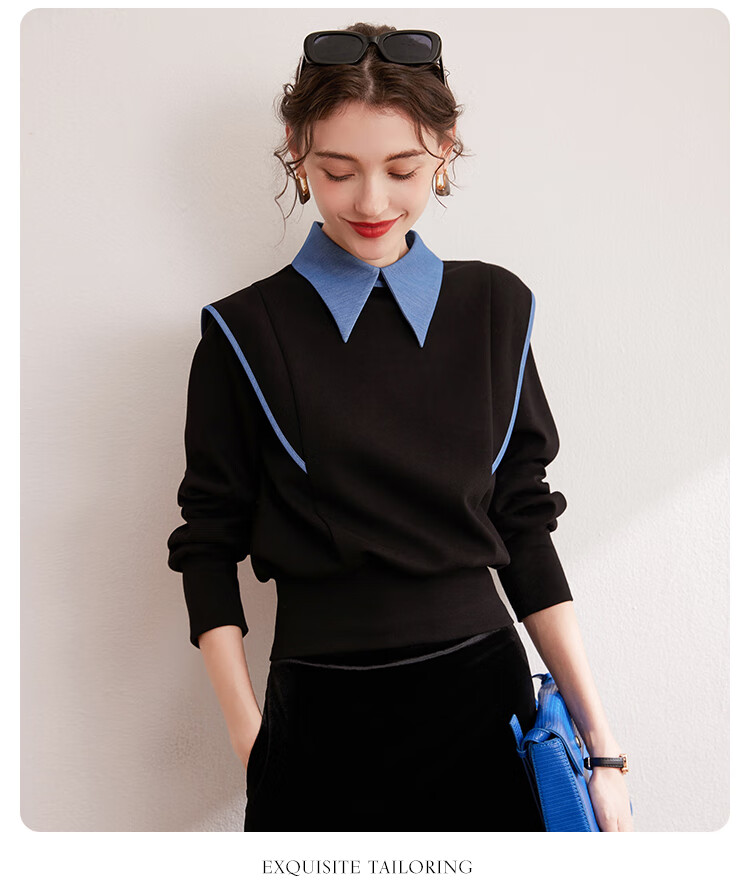 Bailuyu Colorblock Spliced Fake Two-Piece Pullover Sweatshirt Autumn New Fashion Small Flying Sleeve Patch Top Women Black L 2
