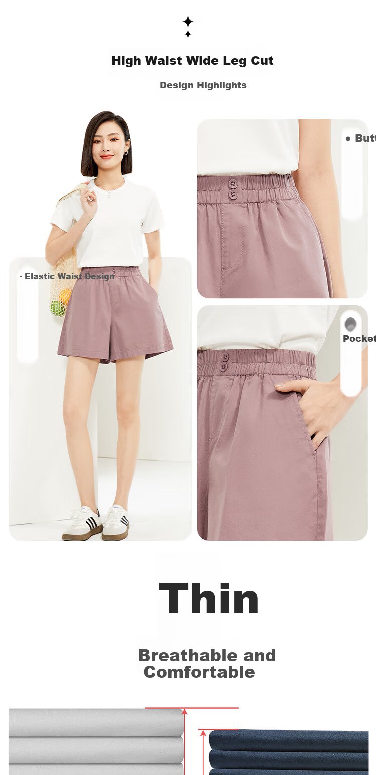 Giordano Women's Casual Shorts, Summer New Style, Pure Cotton Button Elastic Waist, Loose Thin Pants, Women's 05405309 4