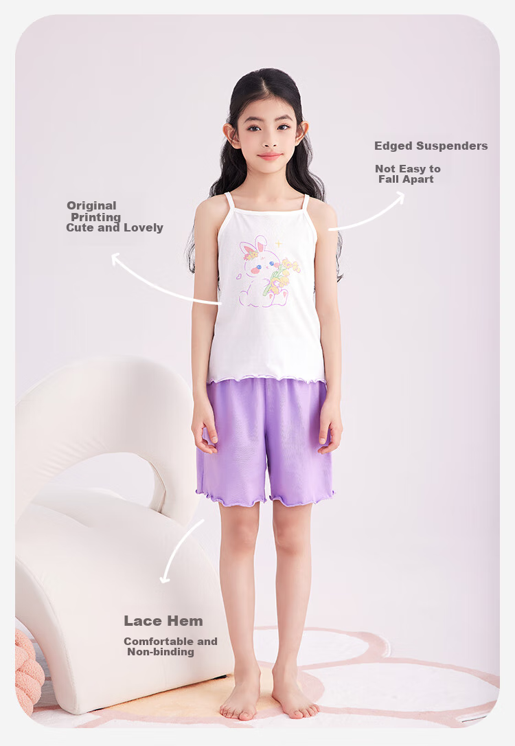 DEESHA [7A Antibacterial, Comfortable And Soft] Children's Pajama Set for Spring And Autumn, Girls' Camisole Sleepwear Loungewear 2