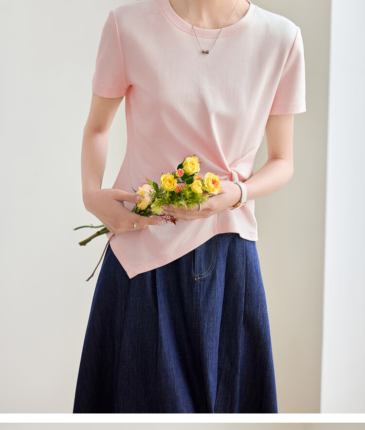 Shangdu Bila Slim Fit Slimming Pure Cotton T-Shirt Women Summer Design Irregular Short Sleeve Elegant Top Black S 15