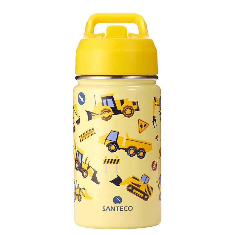 SANTECO Children's Insulated Cup, Stainless Steel Direct Drinking Straw Water Bottle, Kindergarten Student Baby Dual Drinking Water Bottle, Construction Vehicle