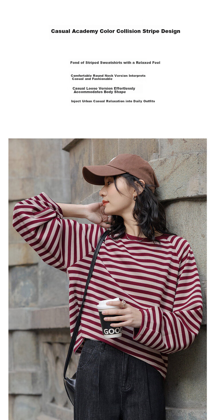 Dme [Urban Parallel Lines] Spring Retro Color-Block Striped Crew Neck Top, Loose-Fitting, Flattering, Comfortable, Versatile Women's Sweatshirt 1