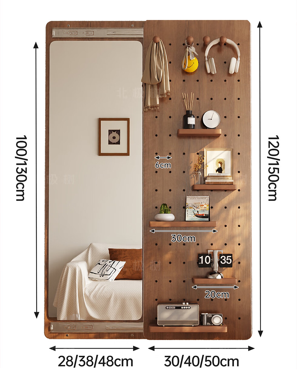 Arctic Tree Solid Wood Pegboard Dressing Mirror Hidden Sliding Mirror Home Wall-Mounted Concealed Entryway Fitting Mirror 36