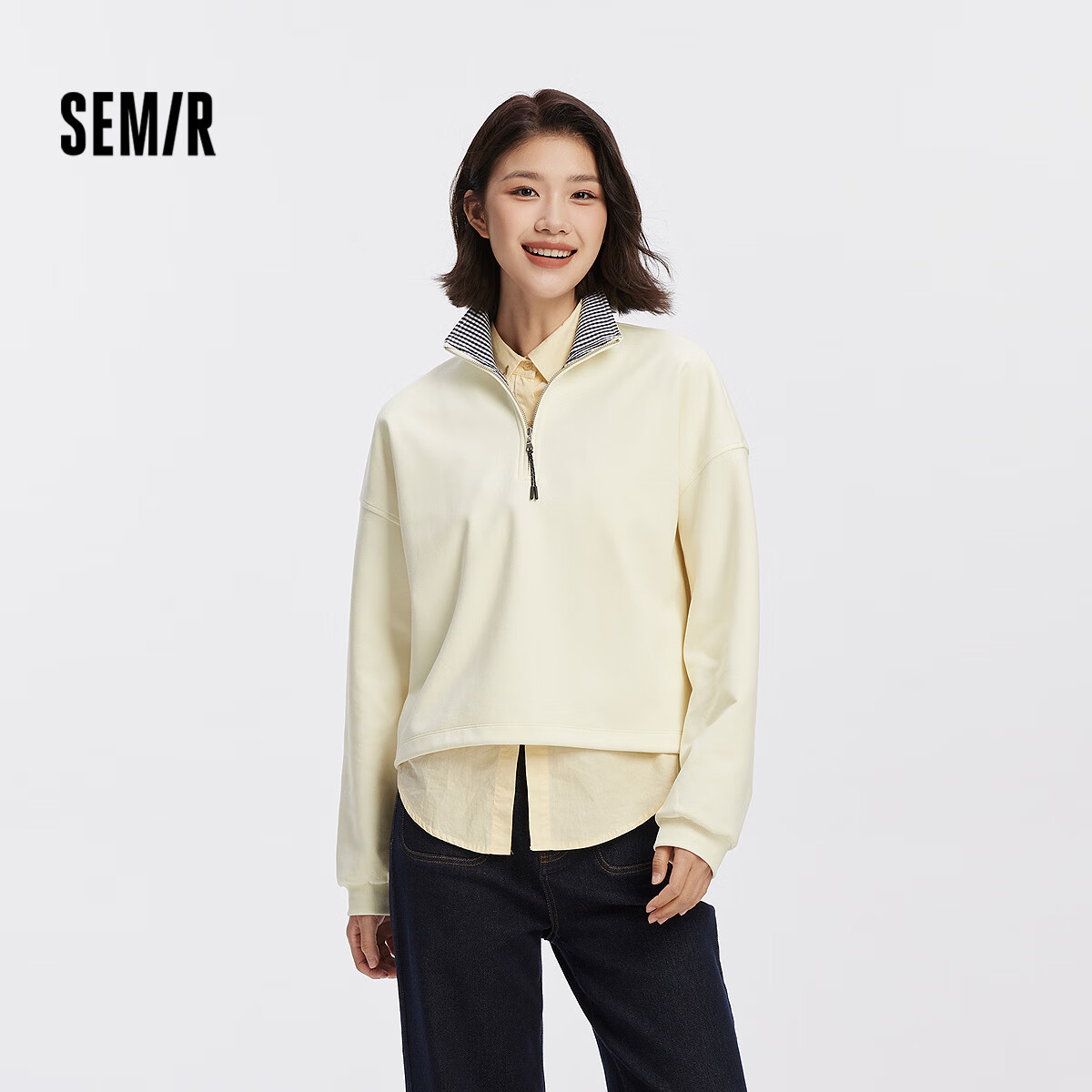 Semir Forest Soft Cotton Oversize Plaid Stand Collar Sweatshirt for Women 2025 Autumn Drawstring 101525116004