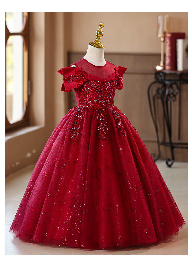 LUOBOBEIBEI Princess Dress Girls Puffy Tulle Dress Children's Formal Wedding Dress Little Girl Piano Performance Dress Red 120 2