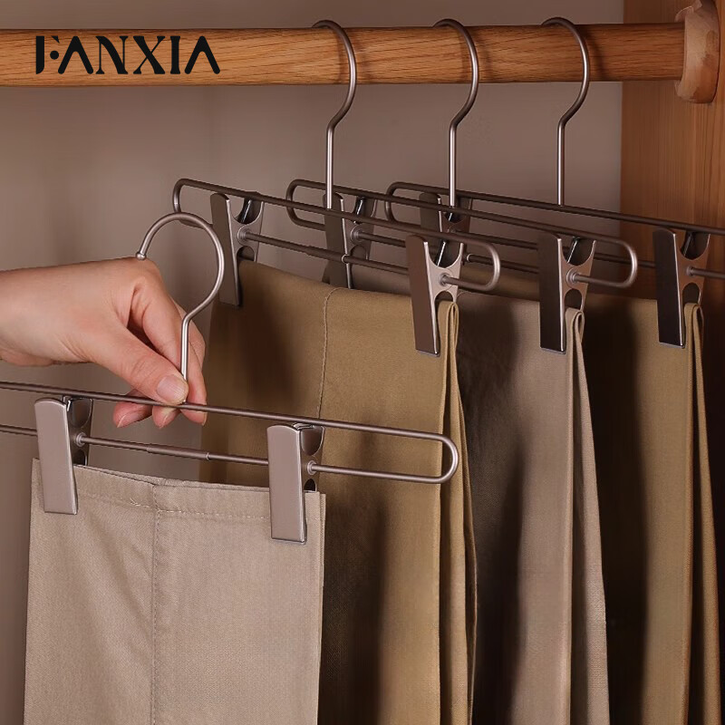Fanxia 5 Hangers for Home Use, Non-Slip, Seamless, Extendable Pants Hangers for Men And Women, Pleated Skirt Hanger, Metal Clip Hanger