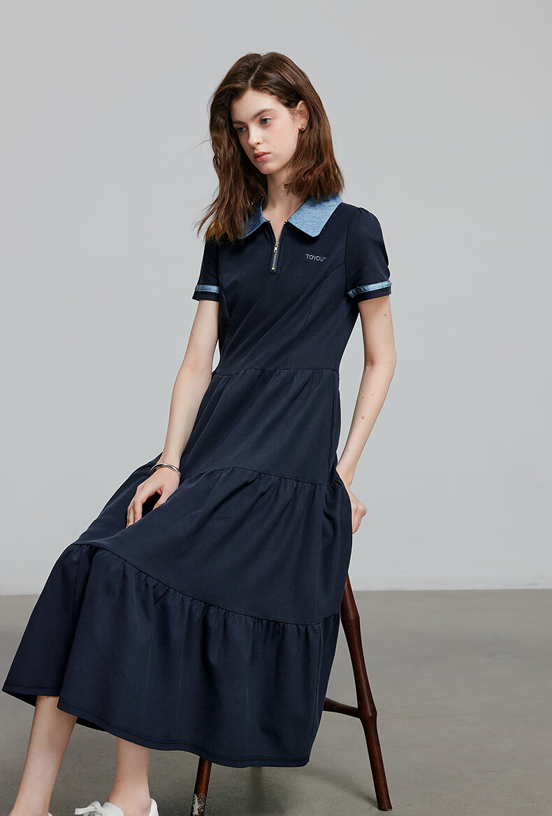 Chuyu Age-Reducing Retro 2025 Summer New Color-Block Polo Collar Dress for Women with Spliced T-Shirt Skirt, Floral Gray, S 1