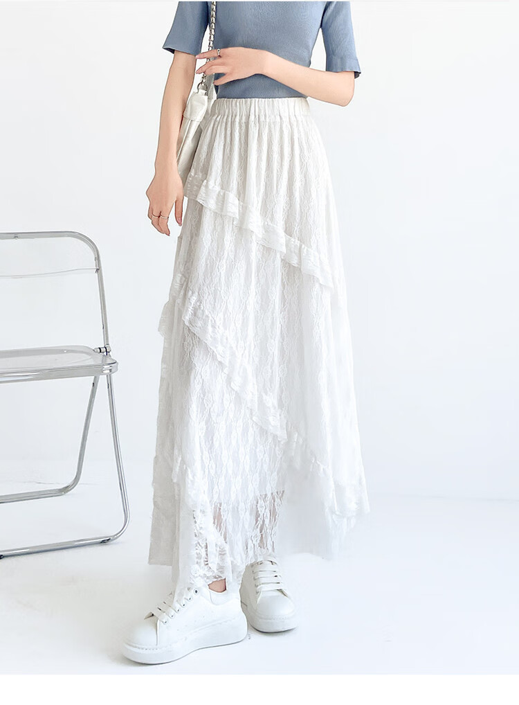 JEANSWEST Women's Autumn High-Waist A-Line Lace Splice Twill Slim Mesh Cake Skirt White M 2