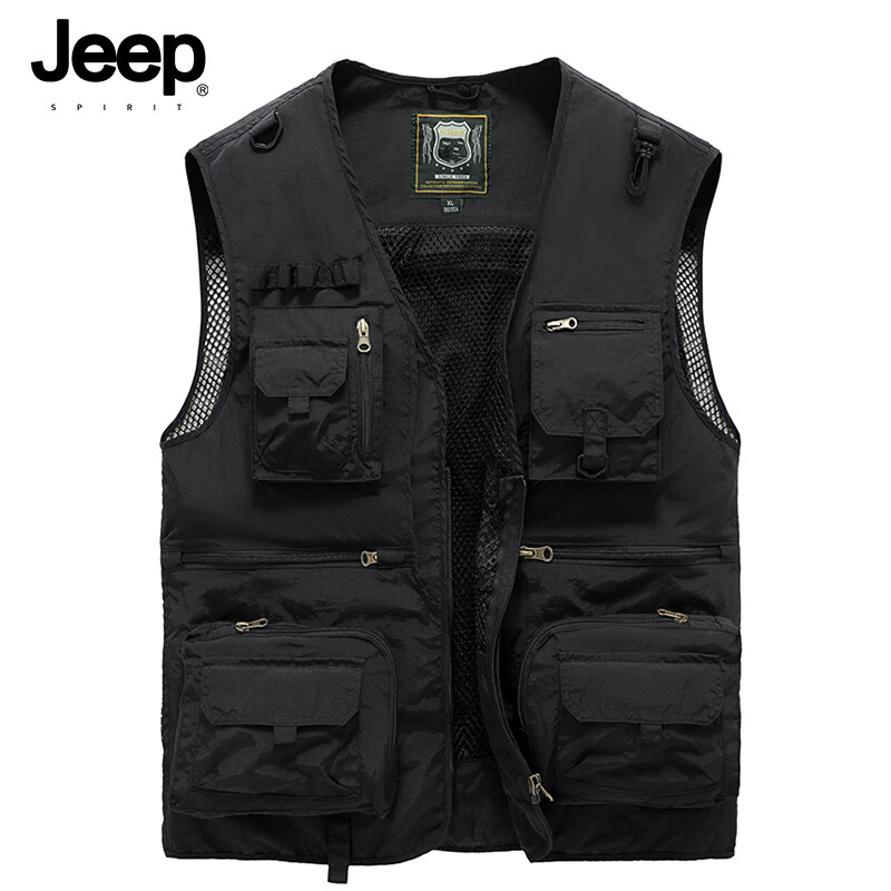 JEEP SPIRIT Men's Work Vest Spring Autumn Fishing Photography Multi-Pocket Jacket Black XL