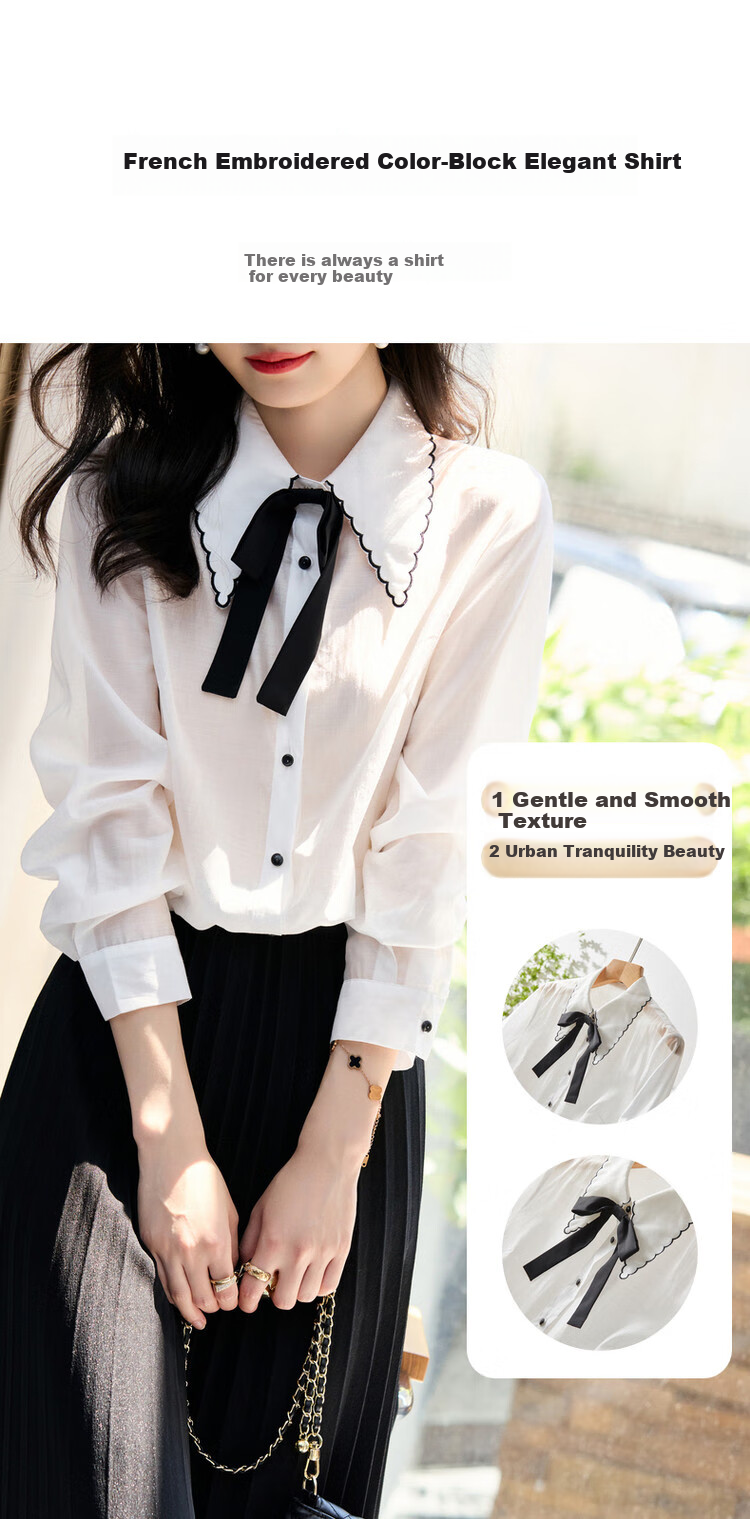 Dme [Detachable Bow Blouse] Spring And Autumn Embroidered Lapel Long-Sleeve Contrasting Color Women's Top Shirt 1