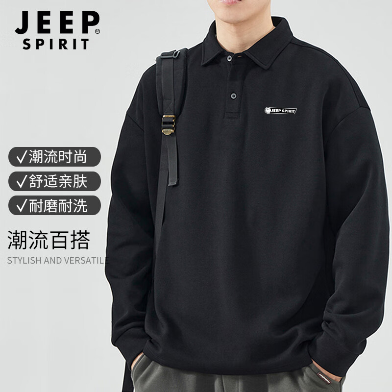 JEEP SPIRIT Men's Long-Sleeve Polo Shirt, Autumn Turndown Collar Sweatshirt, Loose Comfortable Sports Casual Top for Men, Black, Size M