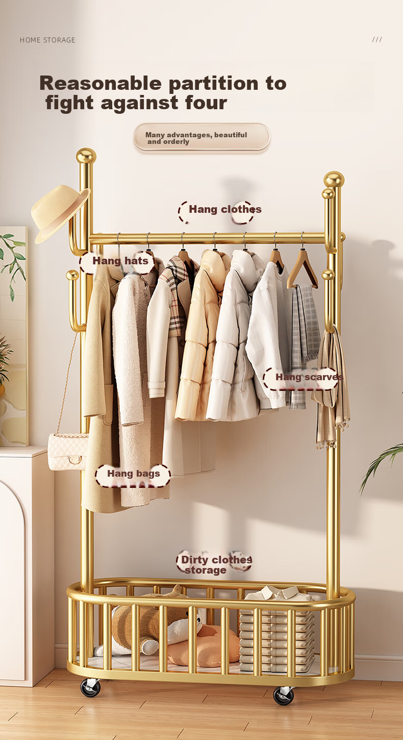 YOUQIN Floor-Standing Coat Rack, Bedroom Clothes Hanger, Home Indoor Drying Rack, Storage Shelf, Movable Clothing Organizer Stand 4