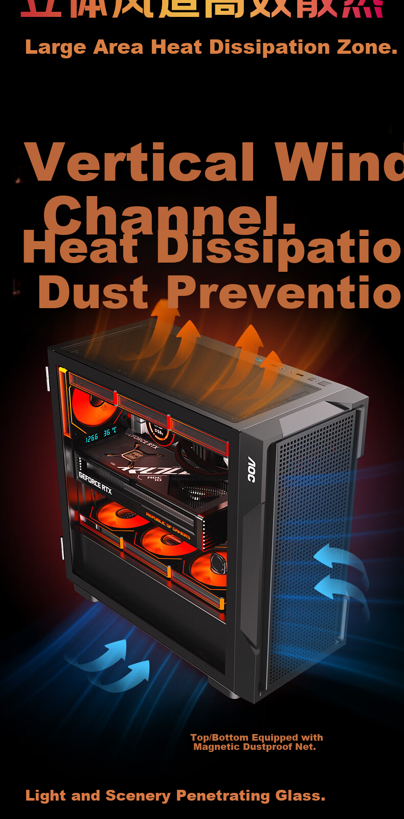 AOC CG397BSE Black Gaming Office Desktop Computer Case ATX Motherboard Support 240mm Water Cooling 8 Fan Slots Mesh Cooling 7 PCI Slots Compatible with 5070 5