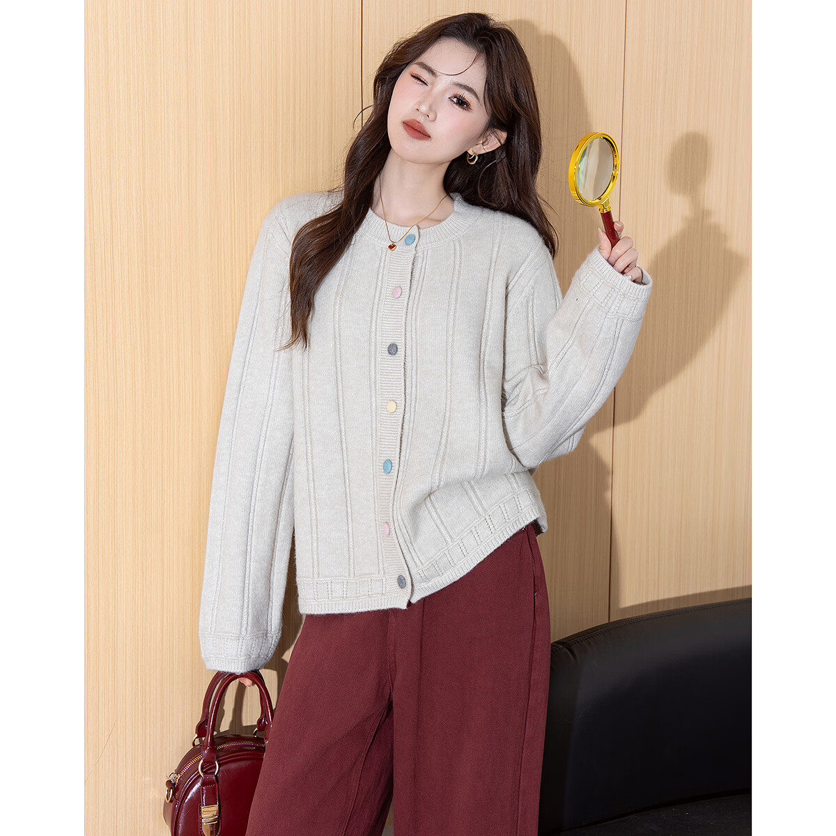 TonLion 2025 Autumn Winter Colorful Button Gentle Simple Style Women's Crew Neck Cardigan