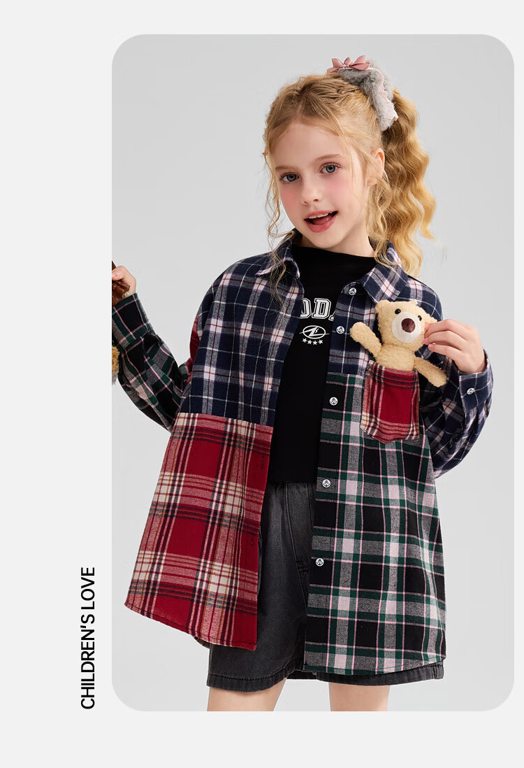 ASK JUNIOR Kids Shirt 2025 Autumn Plaid Brushed Cotton Colorblock Shirt Jacket with Bear Decoration for Girls 6