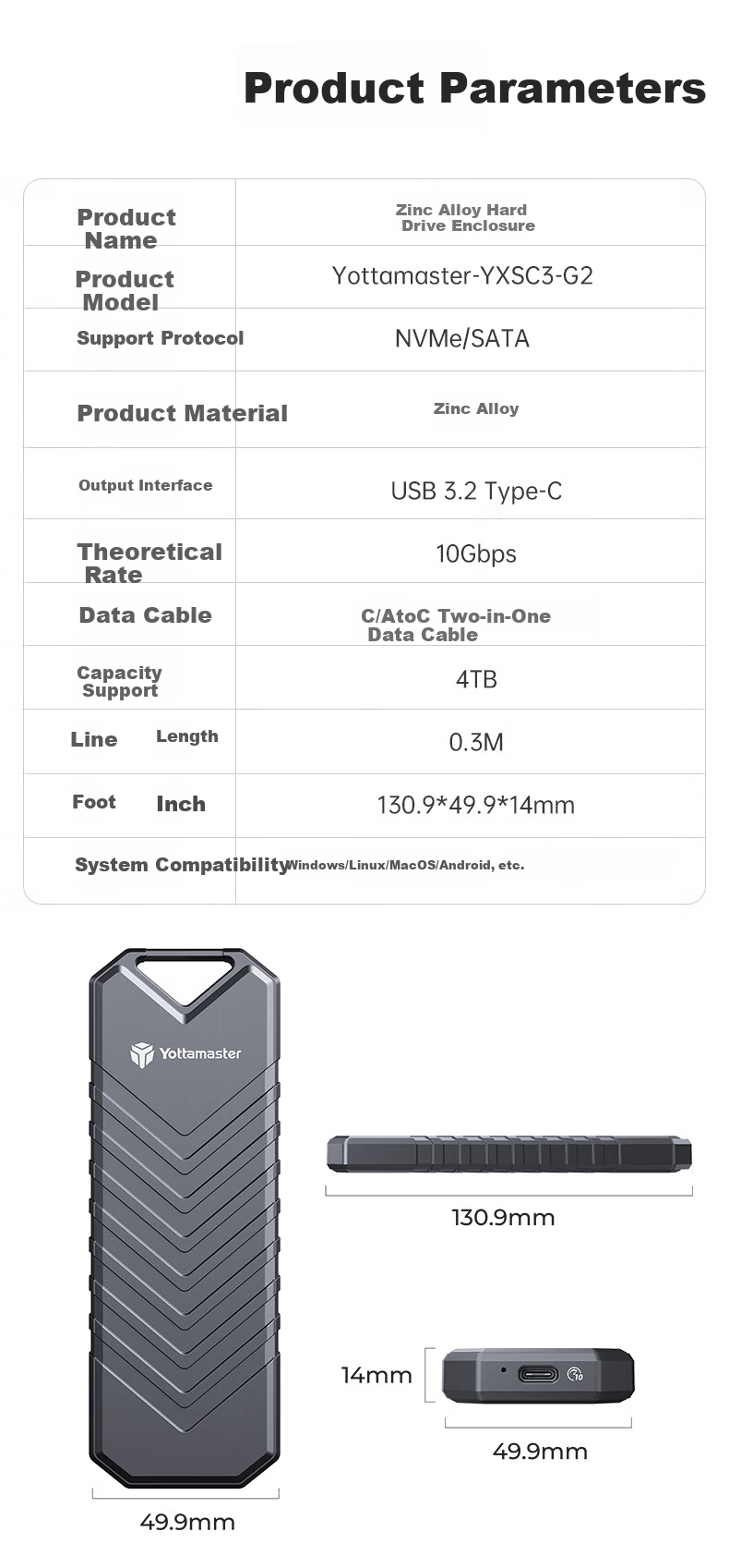 Yottamaster Hard Drive Enclosure, M.2 NVMe/SATA Dual Protocol External Hard Drive Enclosure for SSD, Laptop External Case, Zinc Alloy 13