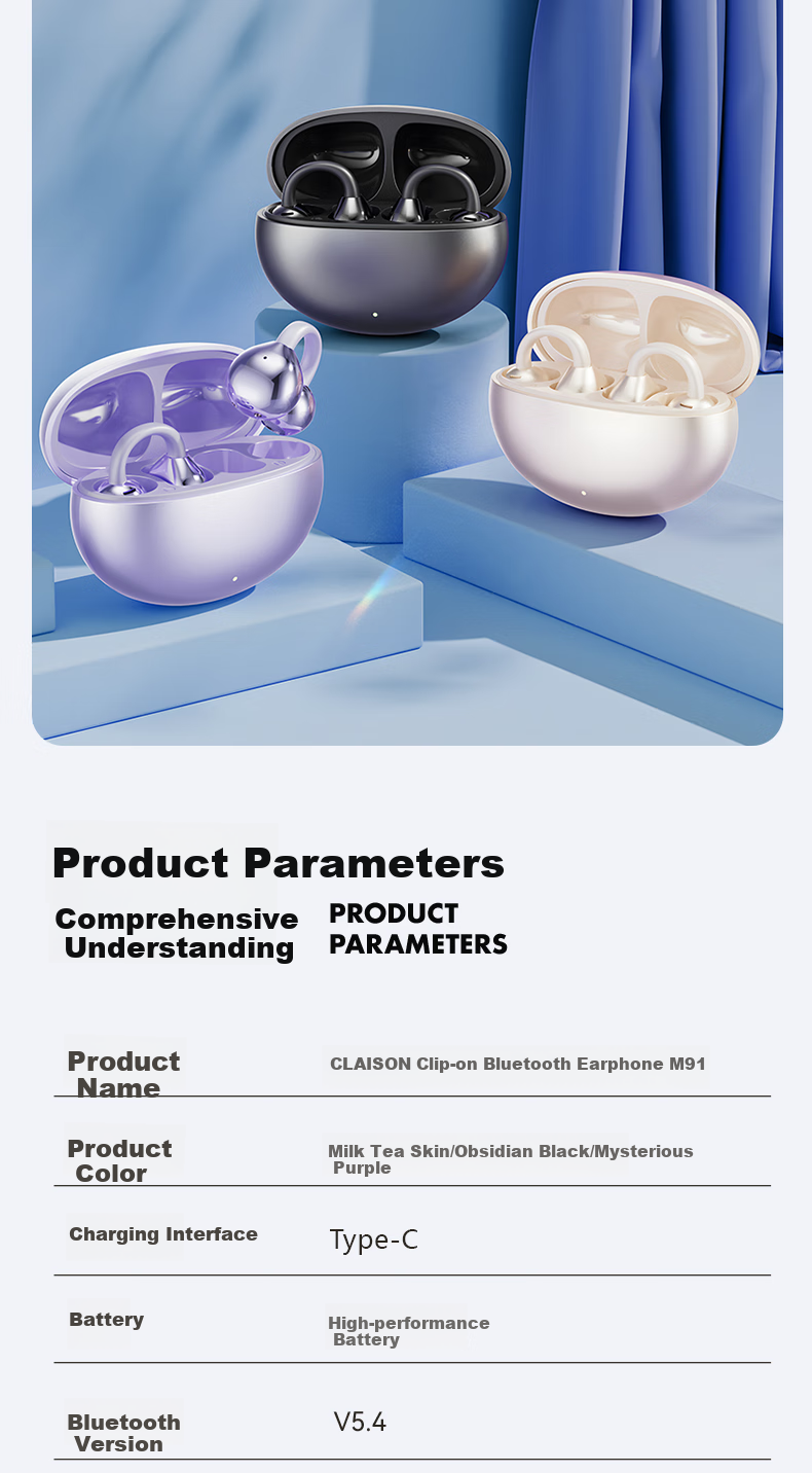 CLAISON Bluetooth Headphones 2025 New Clip-On Wireless Open-Bone Conduction Concept, Running Sports Call Noise Reduction Ear-Hook Suitable for Huawei Xiaomi Apple, M91-Starry Purple 14