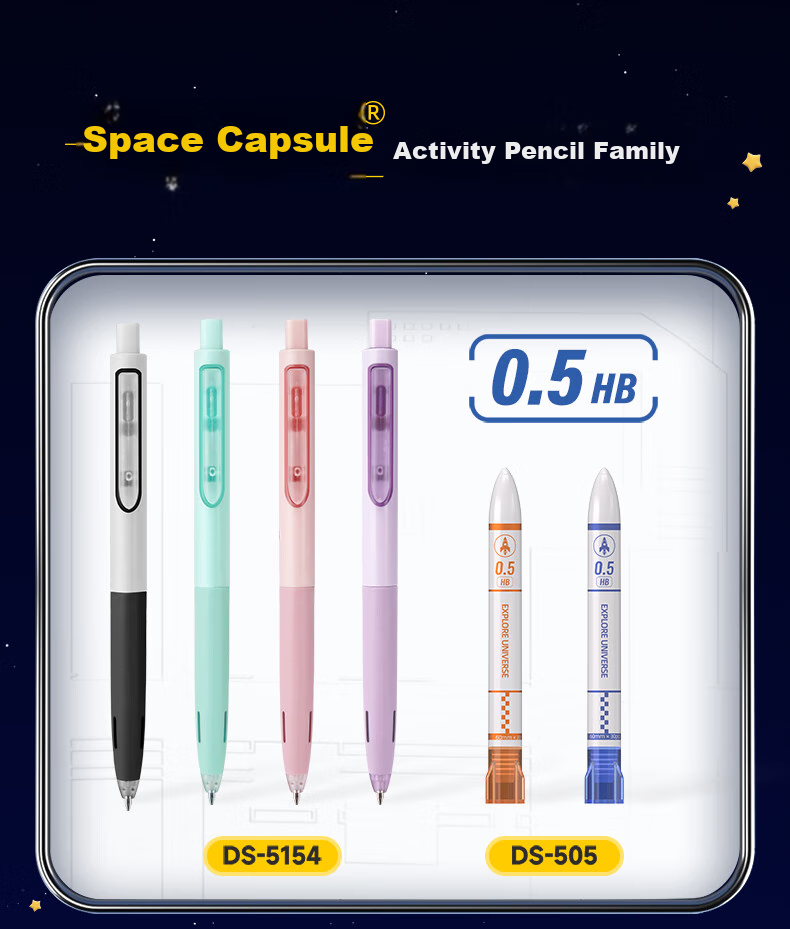 Dianshi Automatic Pencil with Space Capsule Design, Push-Button Mechanical Pencil for Children's Drawing And Elementary School Students, Back-To Season, 0.5mm (Black And White Barrel), 1 Pencil + 1 Box of Lead Refills 1