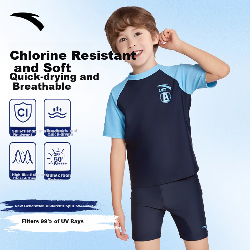 Anta Boys' New Split Short-Sleeve Sun-Protective Swimwear Youth Swimming Suit Navy Blue Beach Shorts Size 140