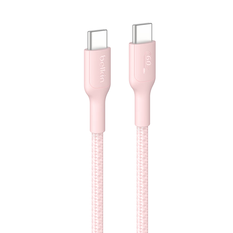BELKIN Dual Type-C Data Cable 60W Fast Charging CtoC Power Cable iPhone Apple MacBook Fast Charge 2m Braided Pink CAB024