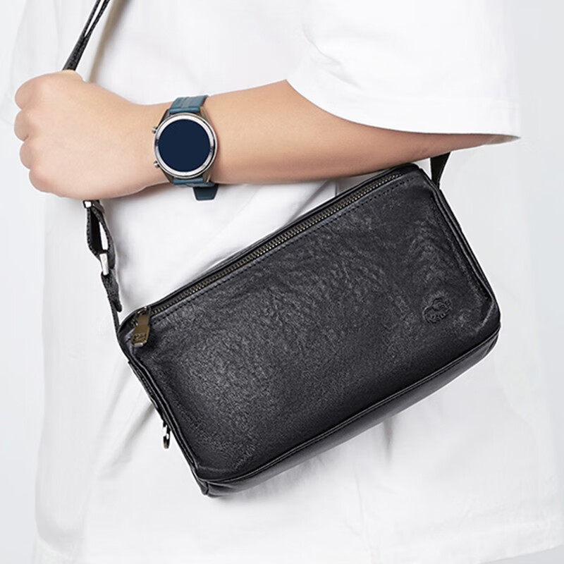 American Bison Men's Leather Crossbody Bag Business Genuine Leather Shoulder Bag Casual Fashion Small Black Bag