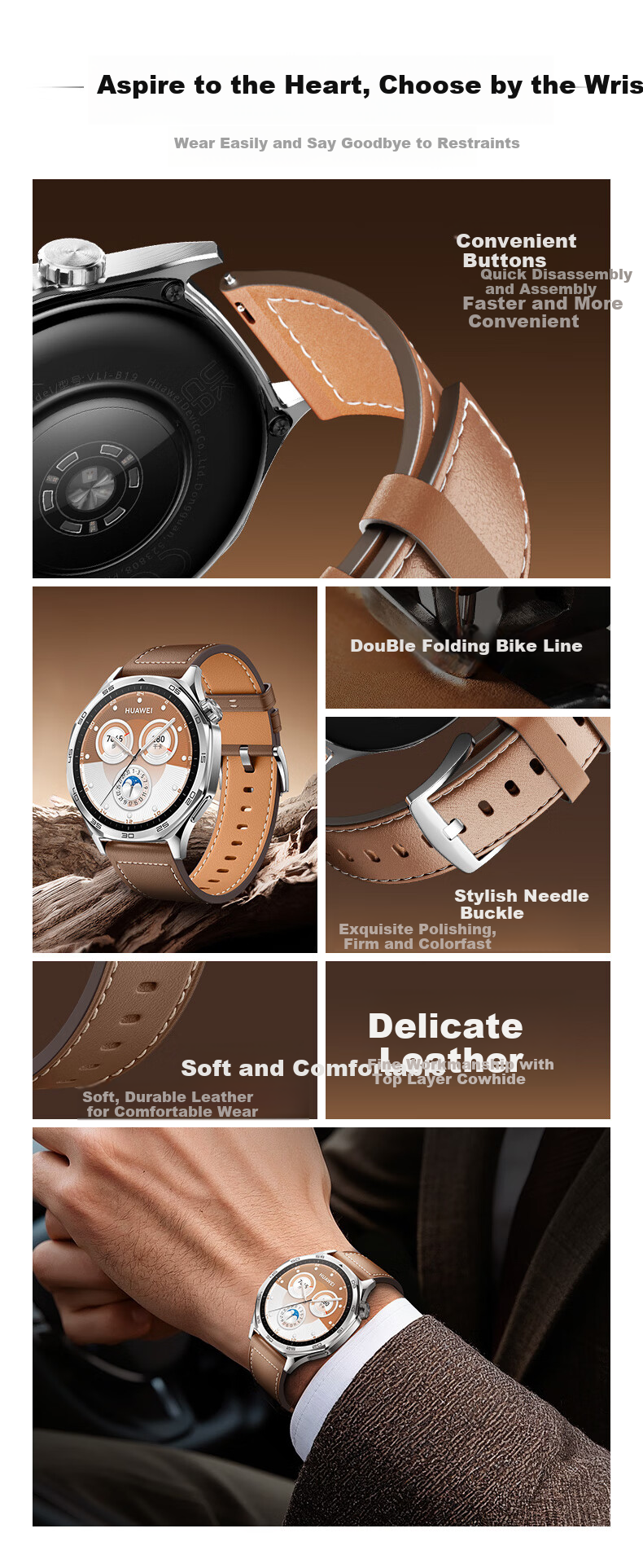 CangHua Leather Watch Strap Compatible with Huawei GT7/GT6/GT5, GT4/GT3/GT7Pro/GT2/Watch6/6Pro/5/Watch4Pro/3/buds2, Black 1