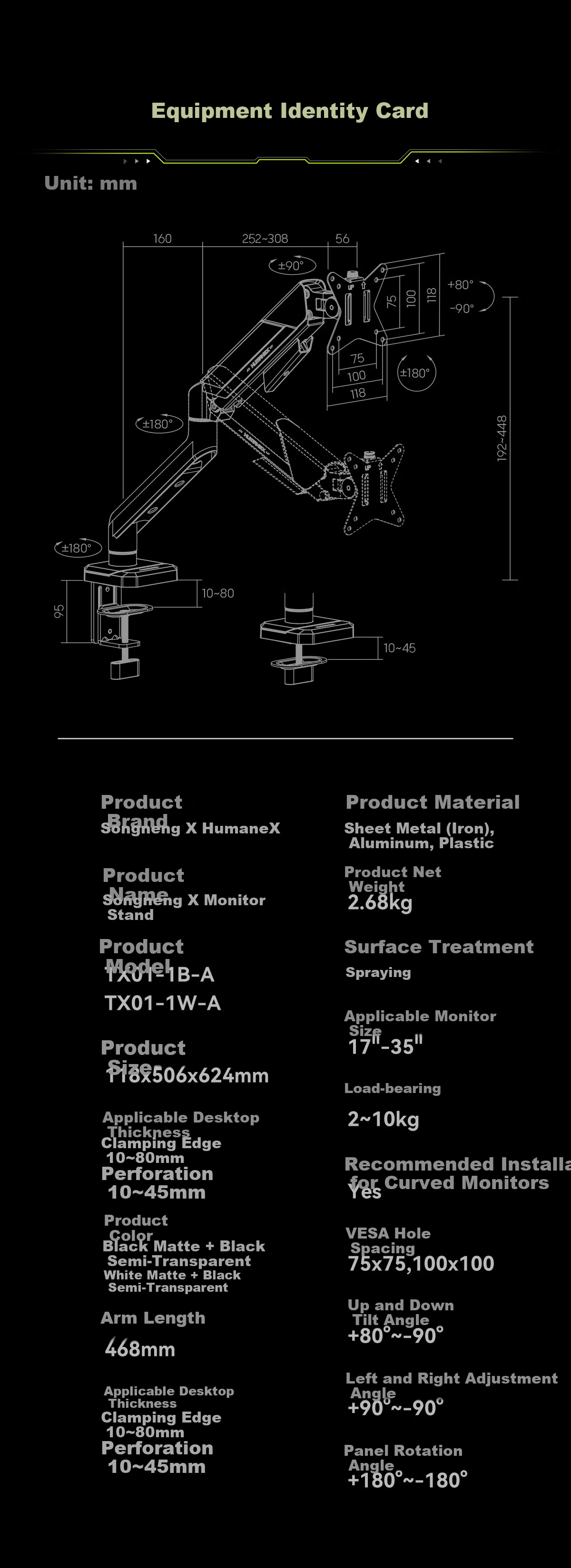 Songneng X Dual Screen Monitor Stand Mechanical Arm Display Screen Bracket Expansion Gaming Screen Stand Computer Riser 17-35 Inch 10KG Compatible TX01-2B-A Matte Black 8